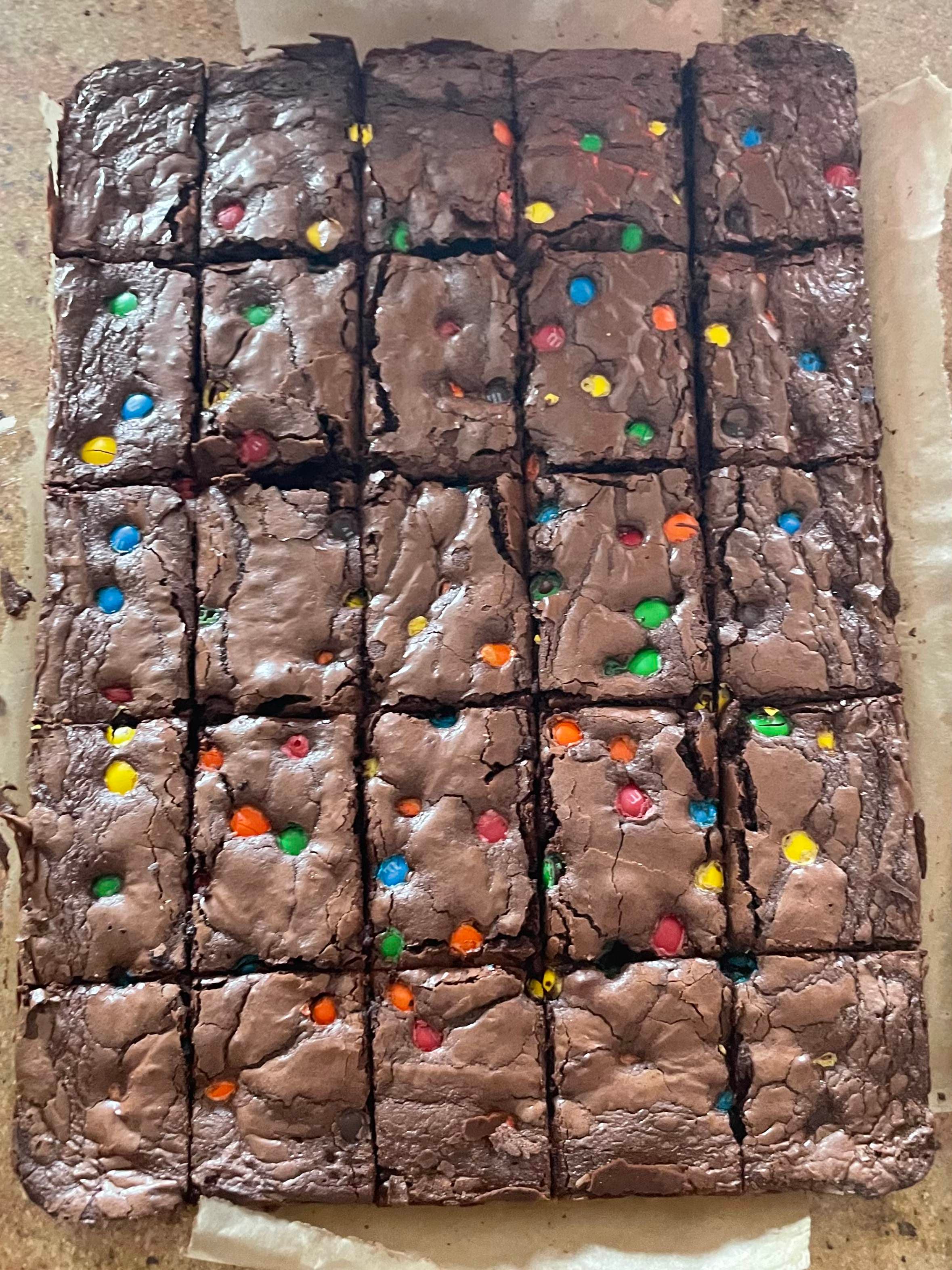 Rows of chocolate brownies with candy pieces